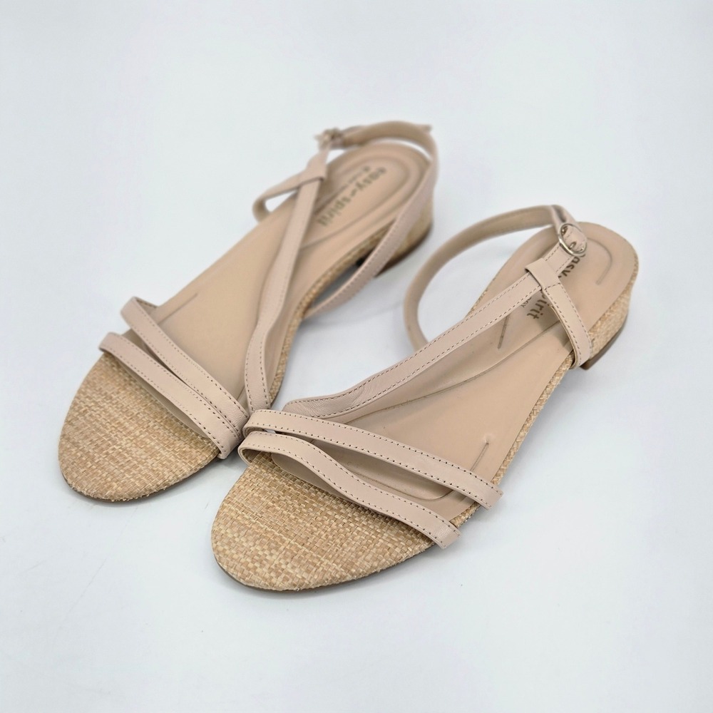 Easy Spirit Seglenni Beige Leather Raffia Low Block Heel Slingback Sandals 8 New